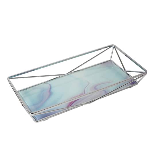 Home Details 15.7" Metallic Chrome Marble Agate Geometric Vanity Tray